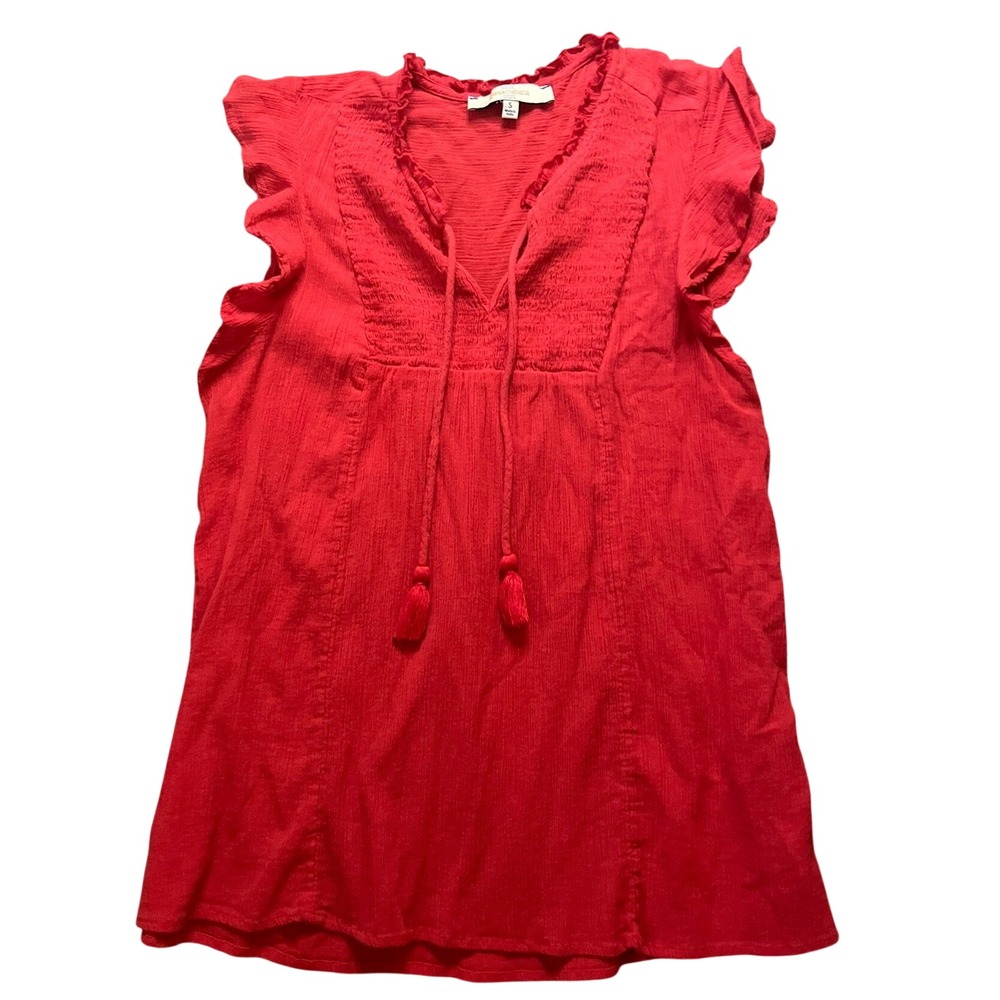 Casa Cabana Red Cotton Gauze Blouse Small Boho Tassel Tie Smocked Top Peasant